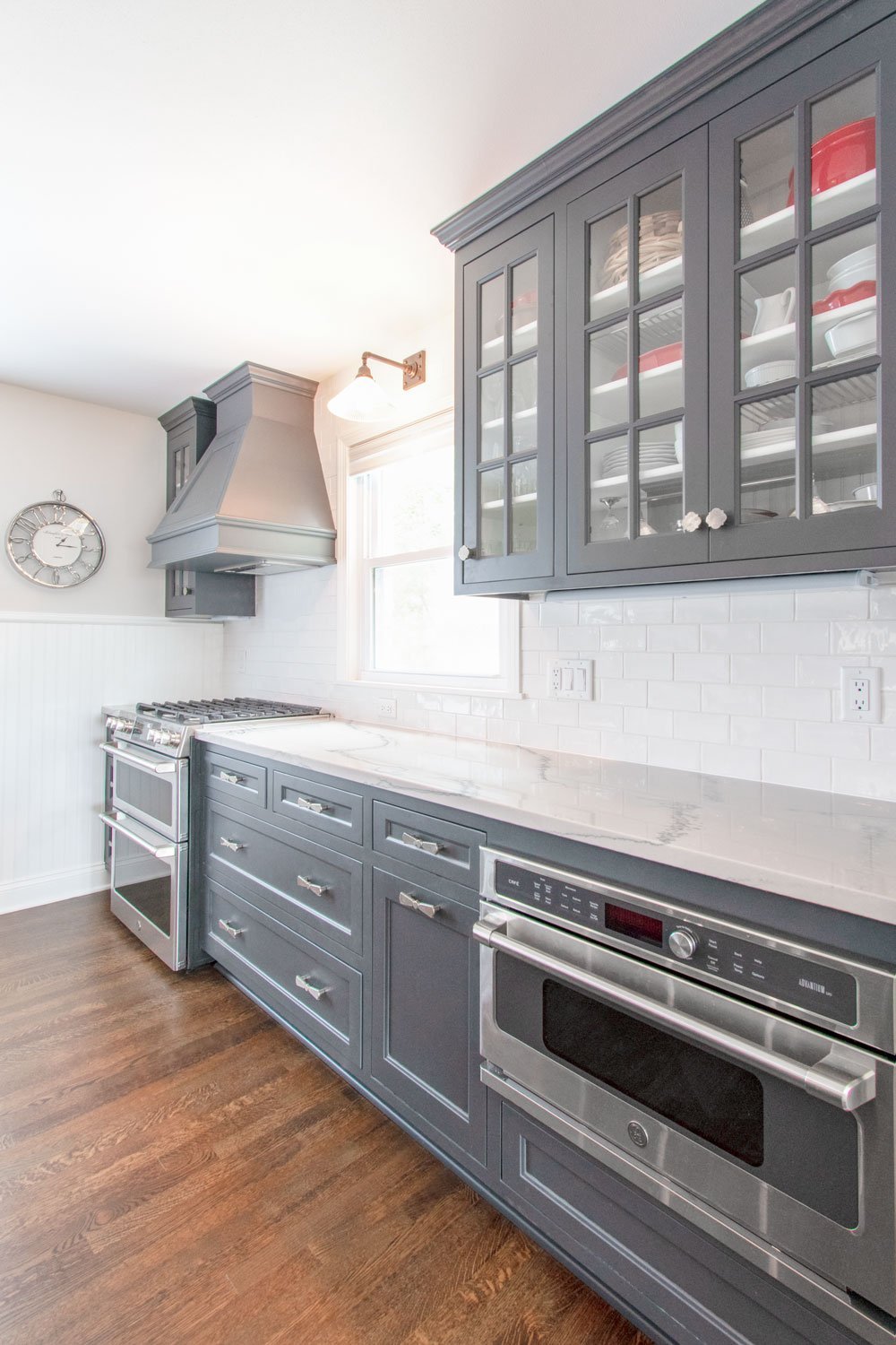 Delafield Gray kitchen cabinets and white quartzite counters