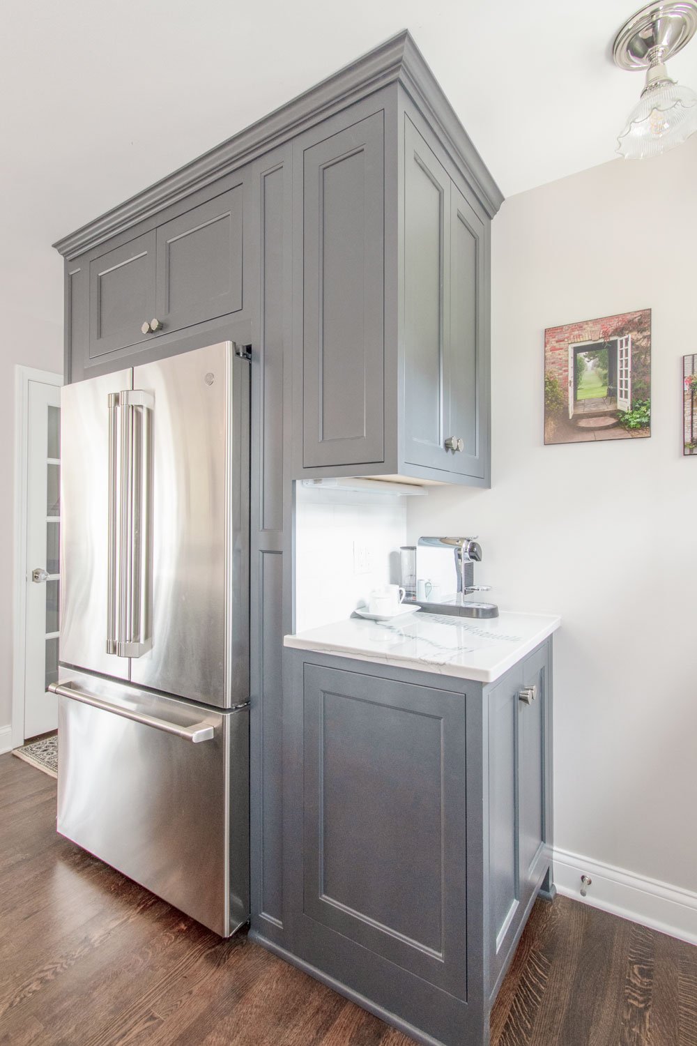 Delafield Custom kitchen inset gray cabinets with coffee station