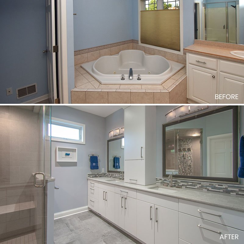Before bathroom remodel old whirlpool tub, new bathroom walk in shower and dual vanity