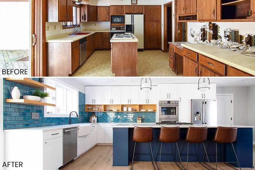 Kitchen before remodel with oak cabinets and after remodel with blue island and white cabinetry