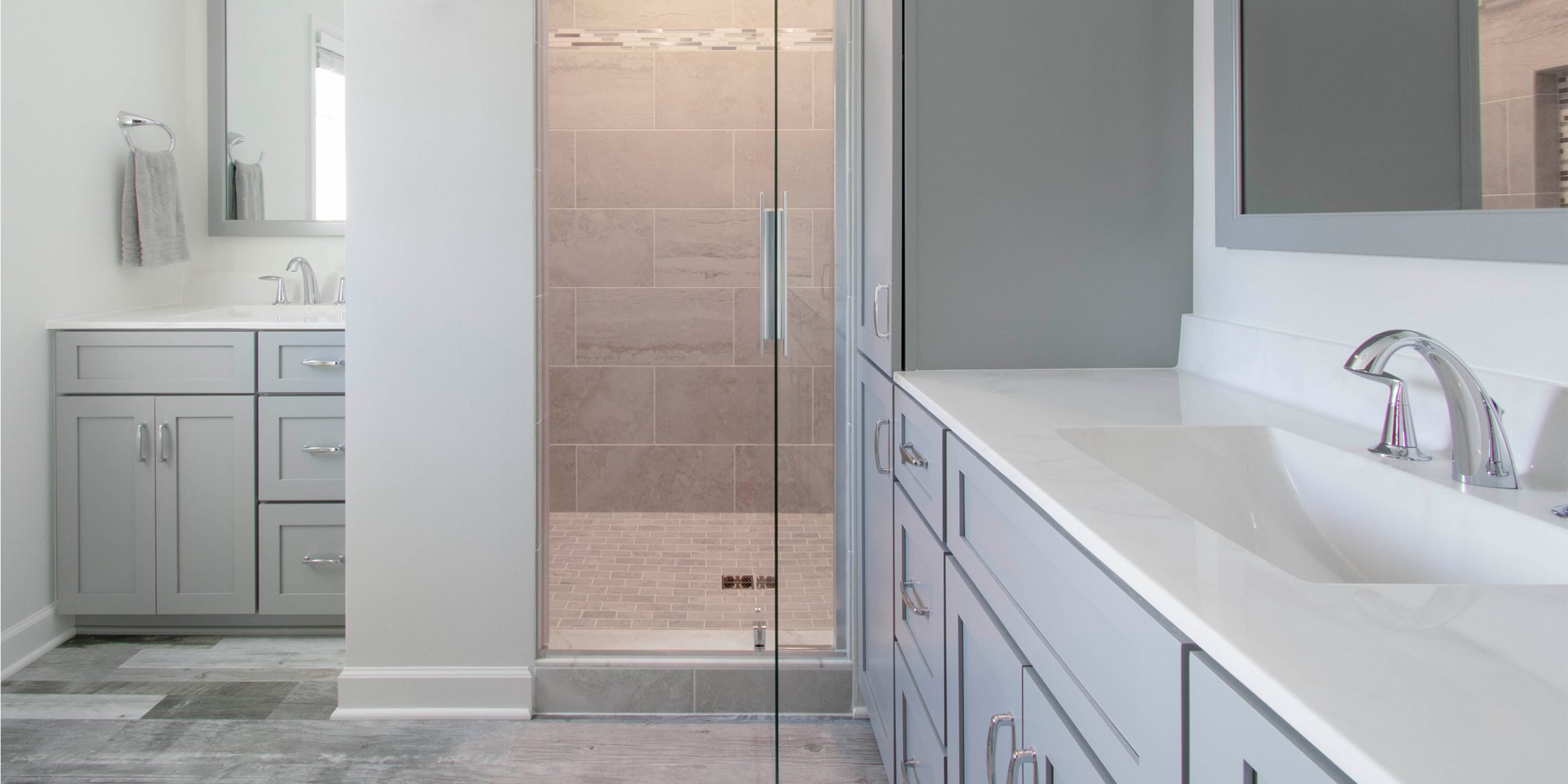 master bath remodel with gray cabinets and walk in shower