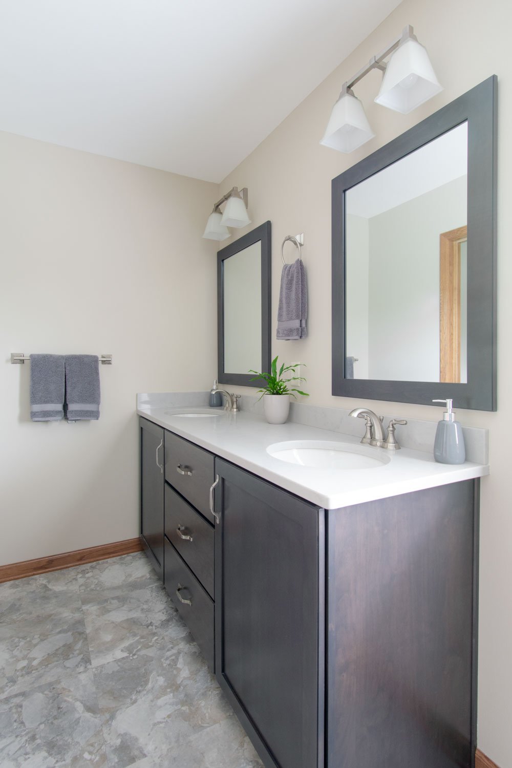 master bath double sink gray vanity
