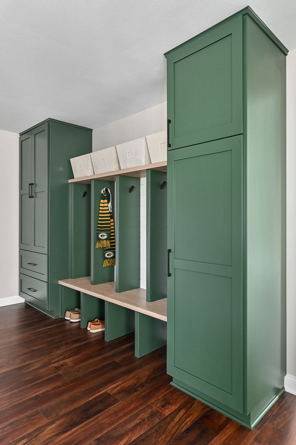 green mudroom cabinets