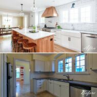 Wauwatosa open concept kitchen featuring a maple hood, huge island and farmhouse sink.